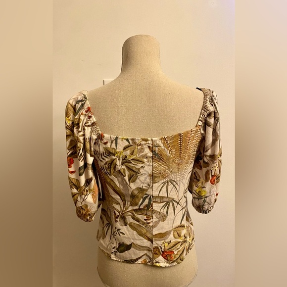 H&M Ladies Crop Top Linen Tropical Puff Sleeves XS Sweetheart - Picture 2 of 8